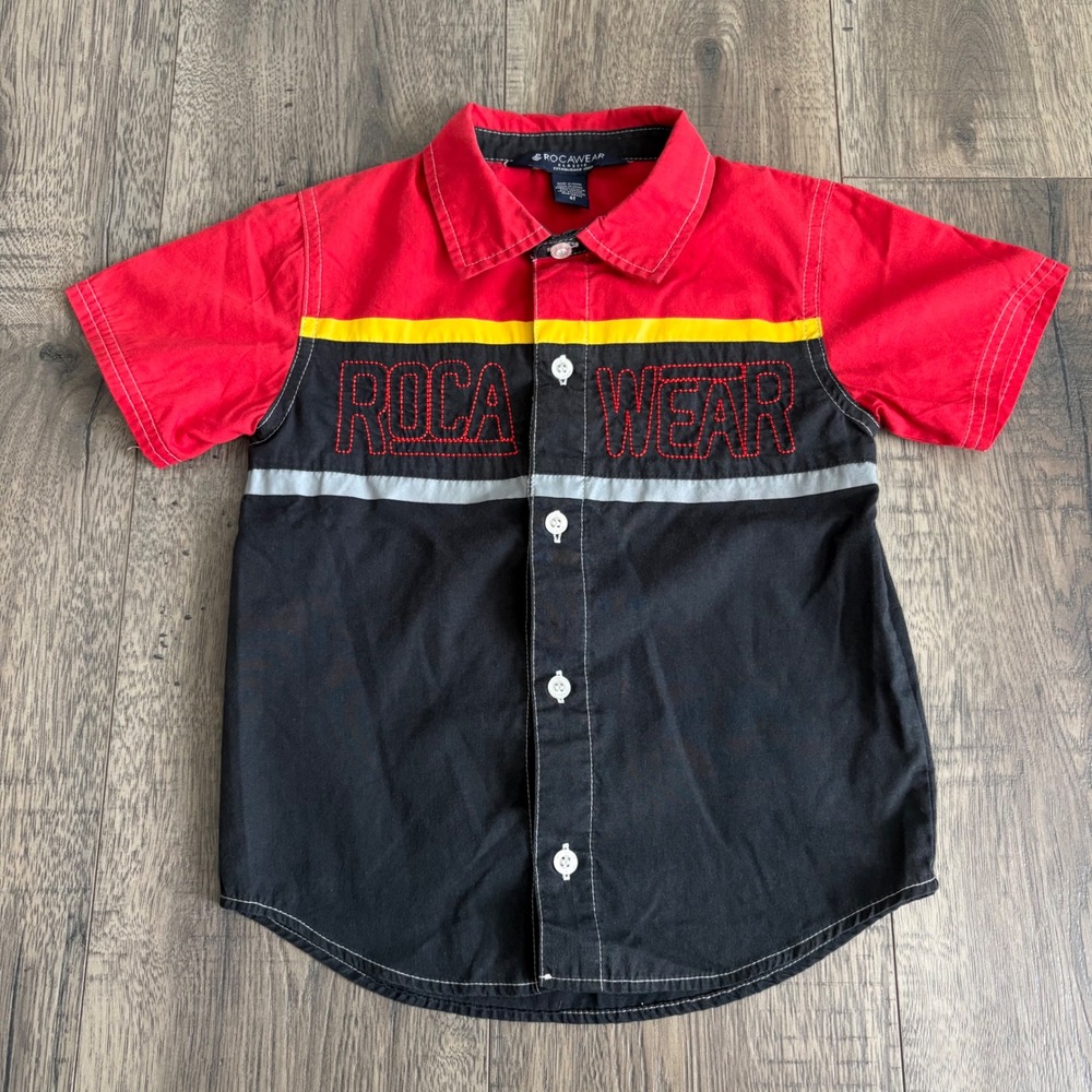 Rocawear Button Down Shirt Kids 4T Red Black Colorblock Short Sleeve Logo